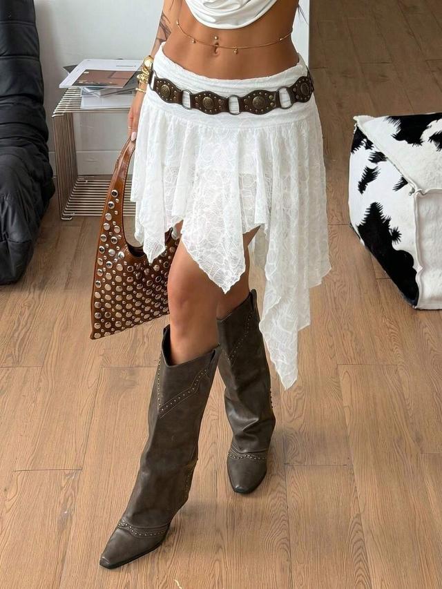 white lace textured asymmetric hem boho skirt