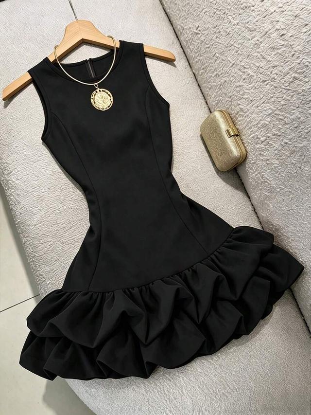 gloweve black sleeveless round neck ruffle mini dress