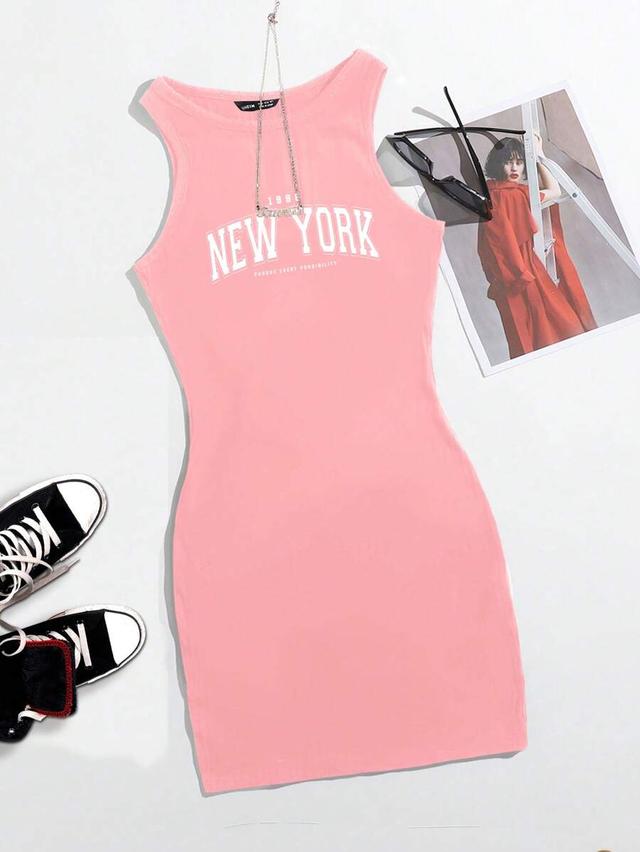 pink sleeveless bodycon mini dress with letter print