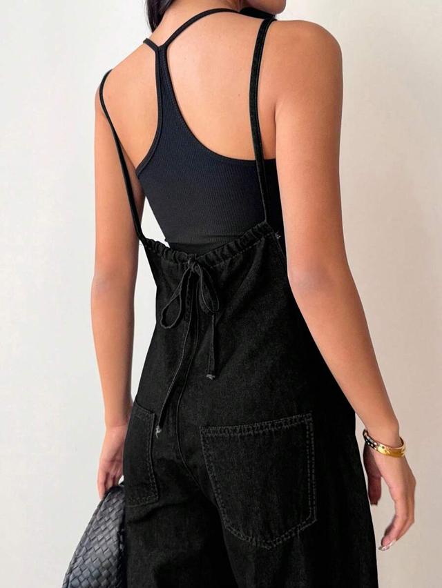 black denim dungaree jumpsuit with tie back
