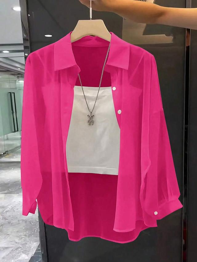hot pink transparent turndown collar long sleeve blouse