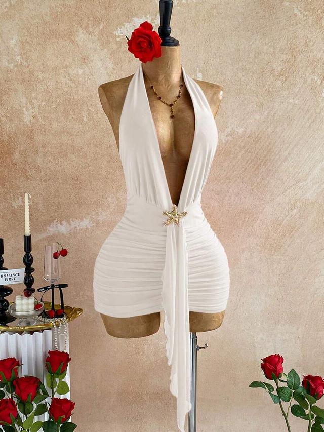soleia white pleated halter backless mini dress