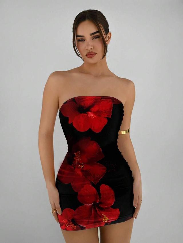 floral printed black tube bodycon mini dress