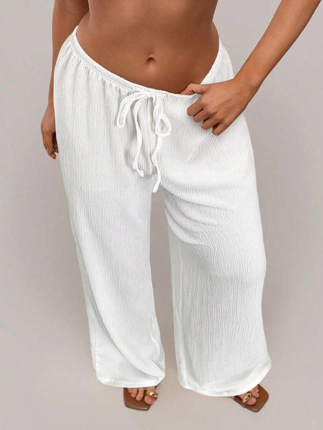 white solid color drawstring waist wide leg casual pants