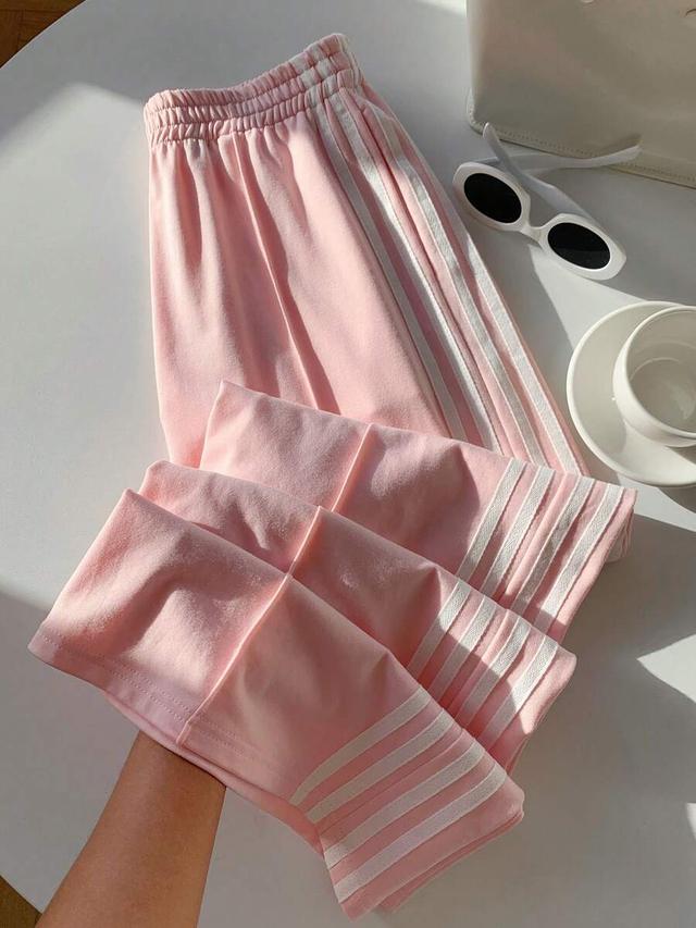 pink casual elastic waist contrast striped wide leg sweatpants