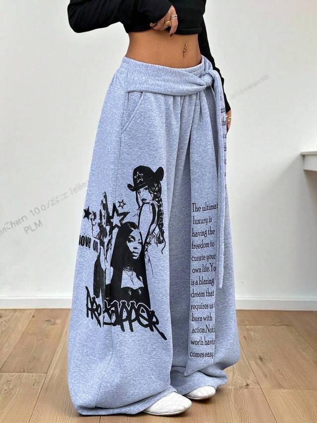 grey graphic print wide-leg knotted waist sweatpants