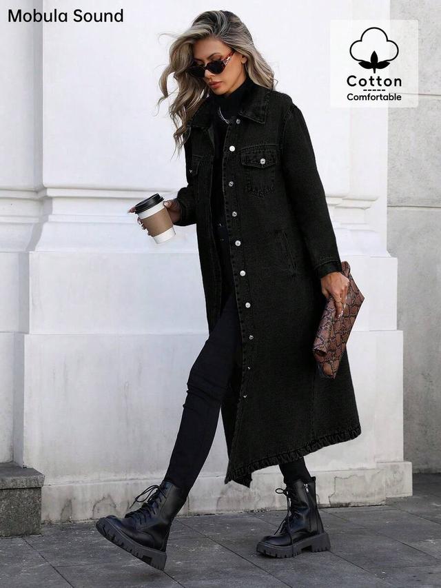 black denim long trench coat jacket