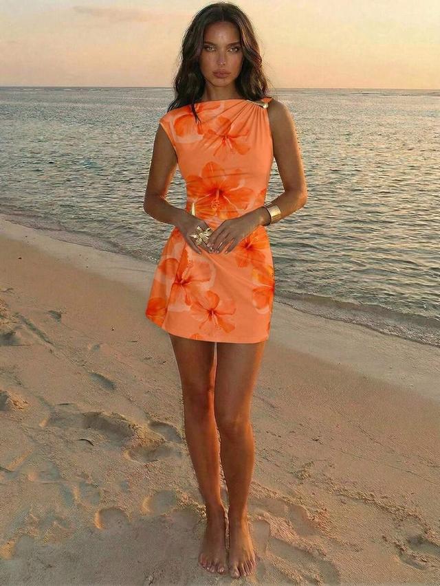 orange hibiscus print draped mini dress