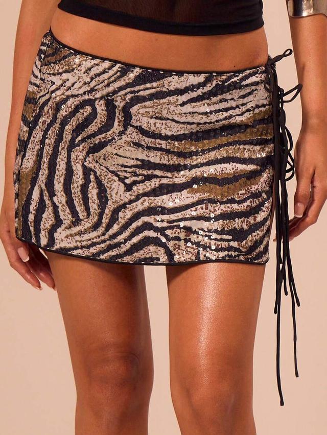 zebra print sequin tie side mini skirt