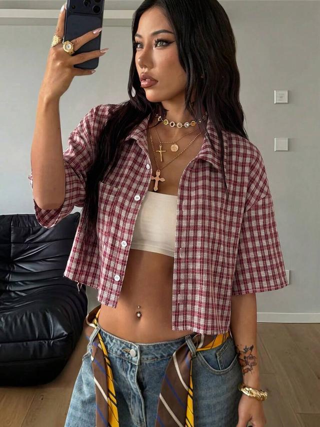 vintage preppy red plaid loose crop shirt