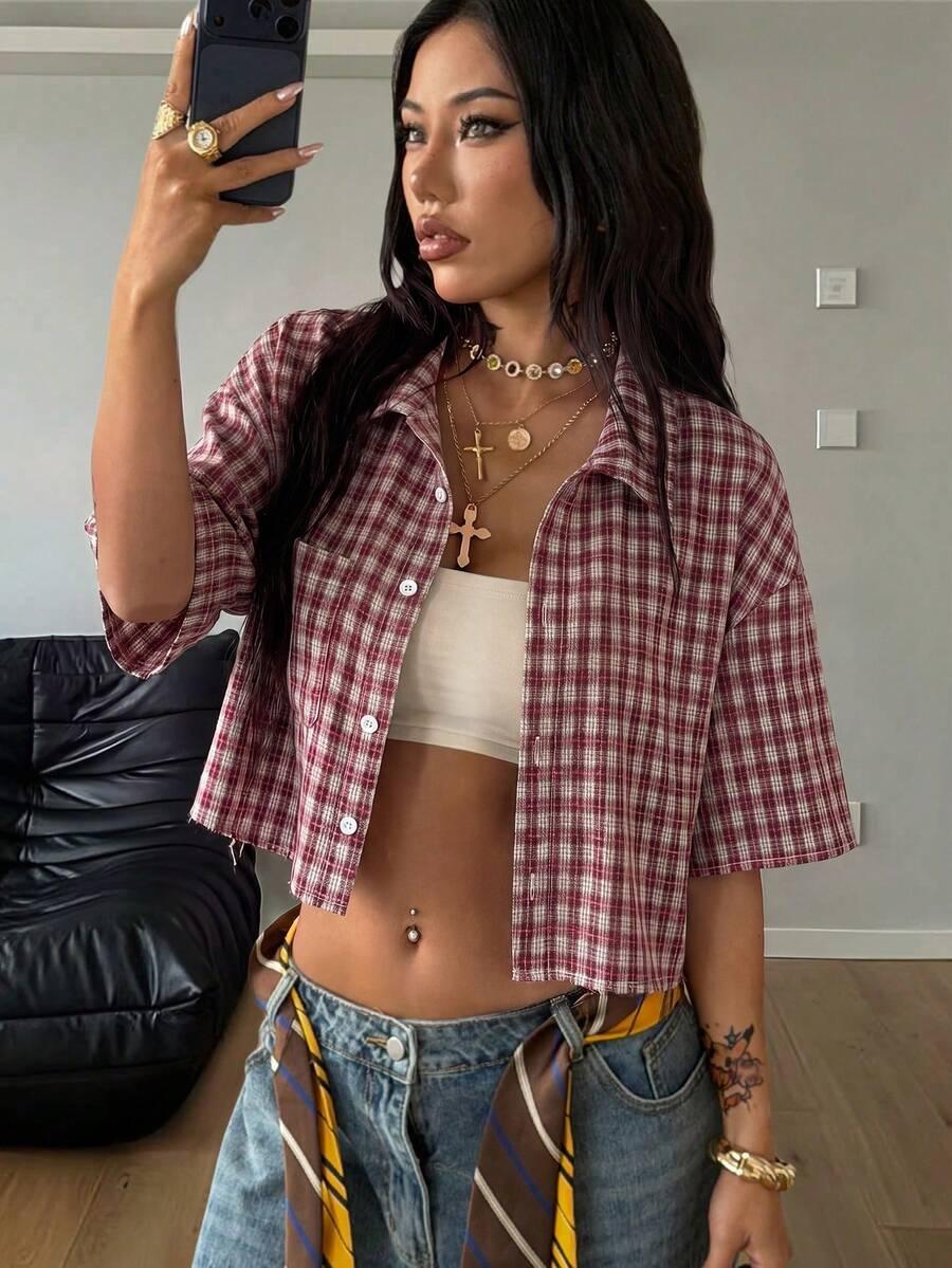 vintage preppy red plaid loose crop shirt