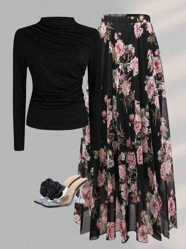 women's elegant floral print mock neck skirt set