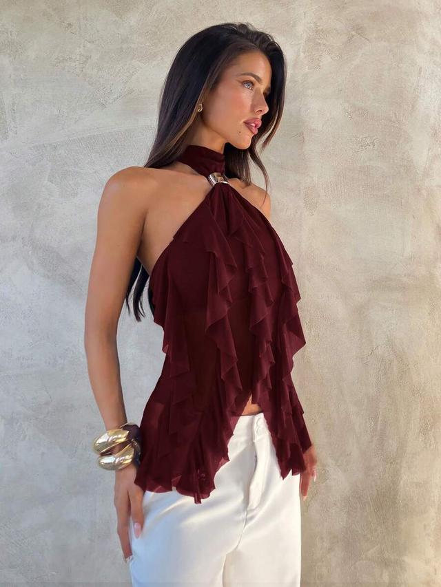elegant burgundy ruffle trim stand collar tank top