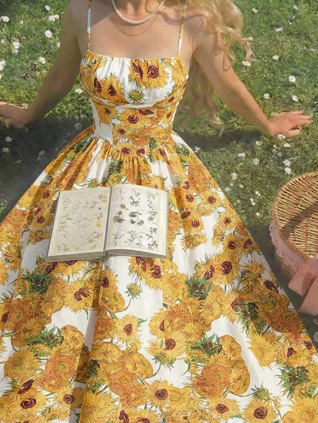 skyraze women's white linen blend sunflower print dress