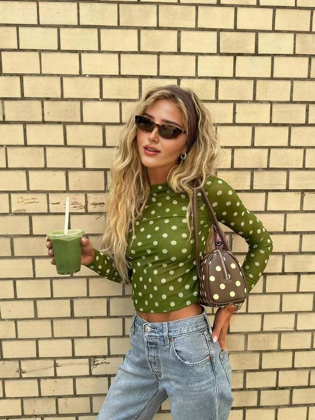 olive green polka dot sheer mesh long sleeve top