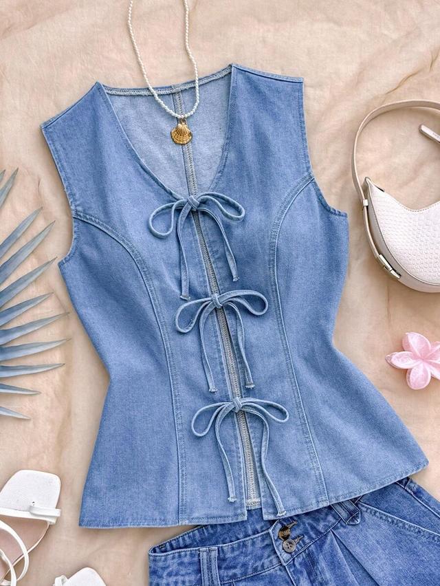 sleeveless denim front tie zip up blouse