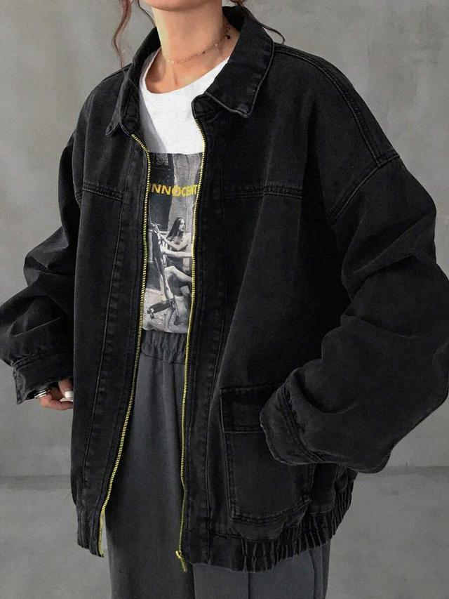 oversized black denim zip-up jacket