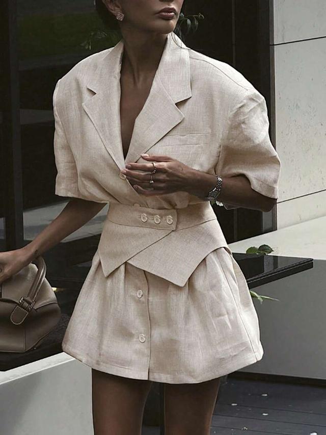 beige linen short sleeve notched lapel blazer dress