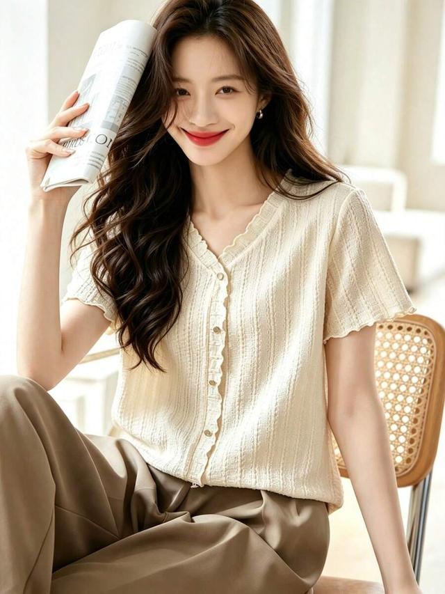 textured v-neck frill trim button-up short sleeve shirt