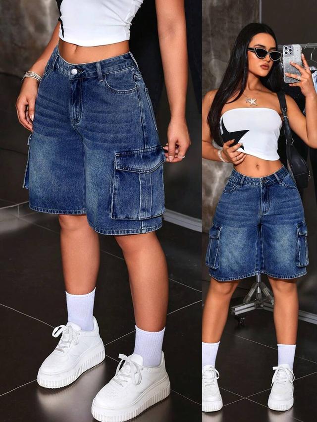 blue denim cargo shorts with side pockets