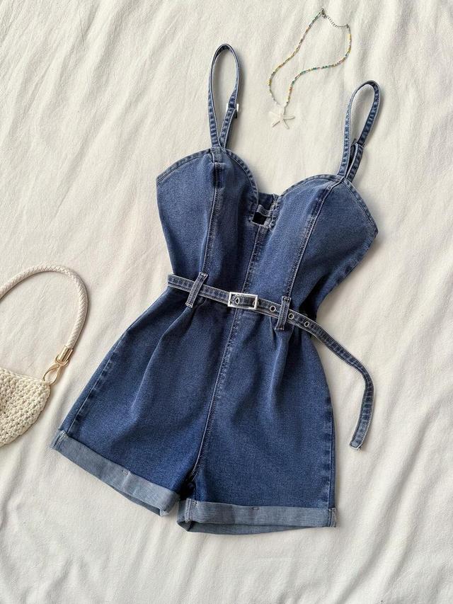 dark wash denim playsuit with sweetheart neckline and belt