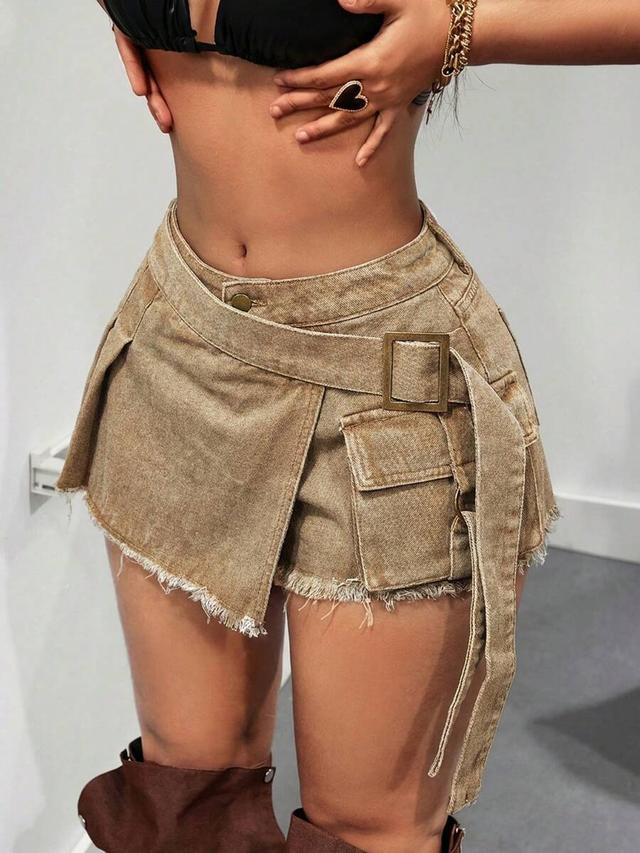 vintage wash denim wrap fringe hem shorts