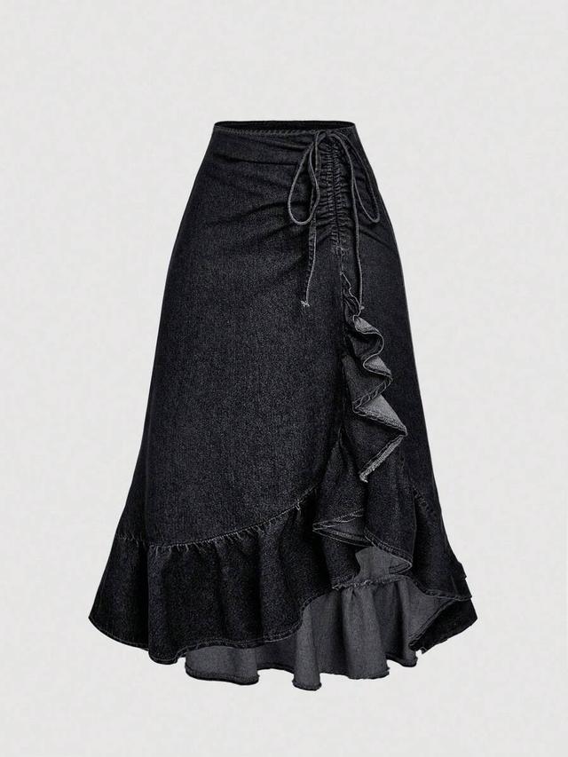 black denim ruffle hem casual midi skirt