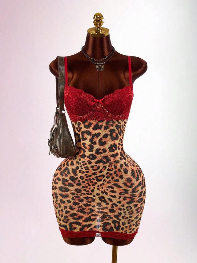 red lace and leopard print bodycon mini dress