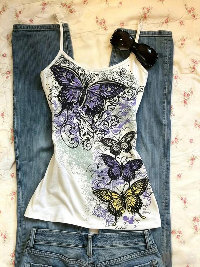 printed white butterfly print casual white camisole top