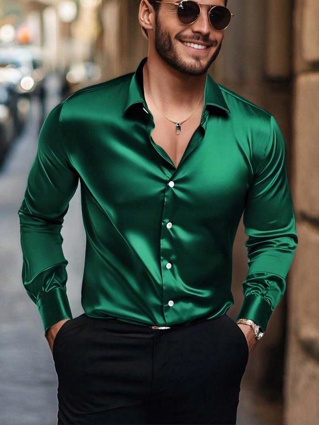 men's casual solid green satin button-up shirt