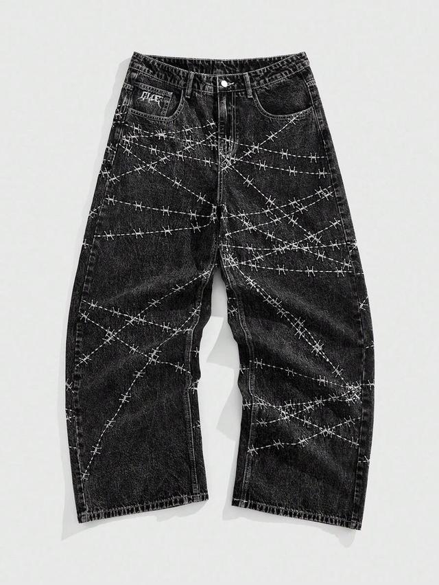 black denim loose fit jeans with thorn print