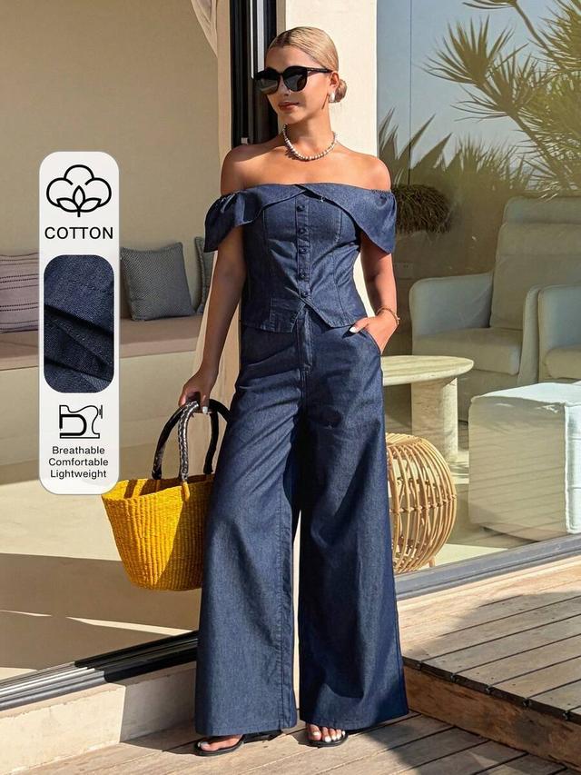 dark denim off-shoulder button-down top and wide-leg trousers