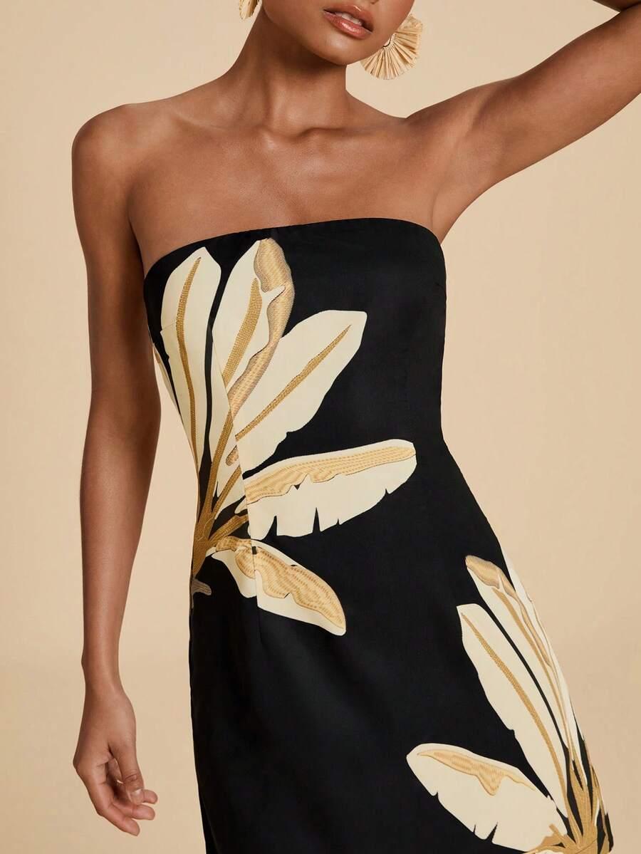 black and cream floral embroidered bandeau mini dress