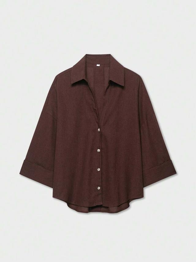 coffee brown minimalist linen blend button-up shirt