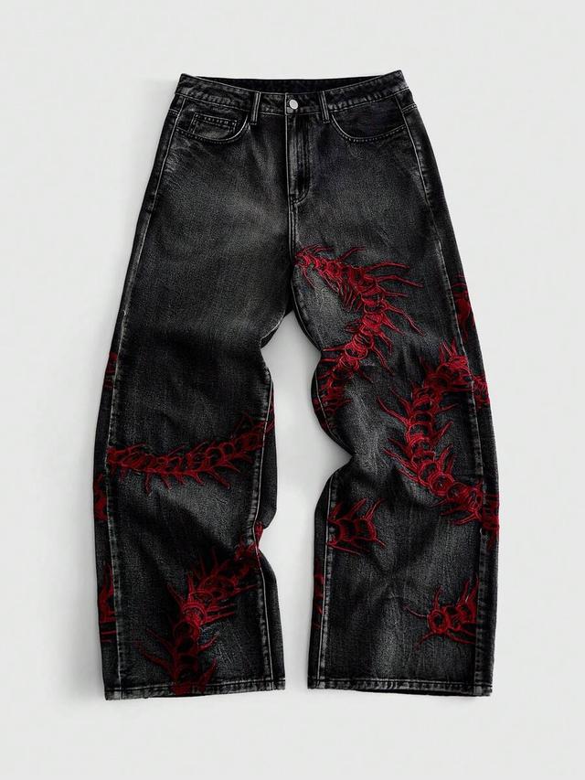 gothic embroidered black denim straight leg pants