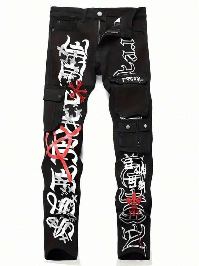 y2k street style black graphic multi-pocket slim fit jeans