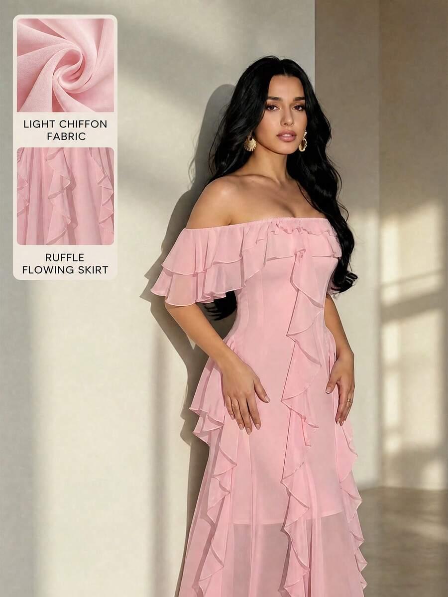 light pink off-shoulder ruffle hem elegant summer dress