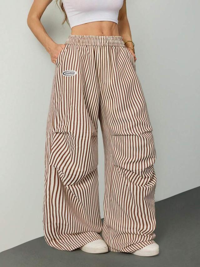 striped brown and white wide leg casual trousers