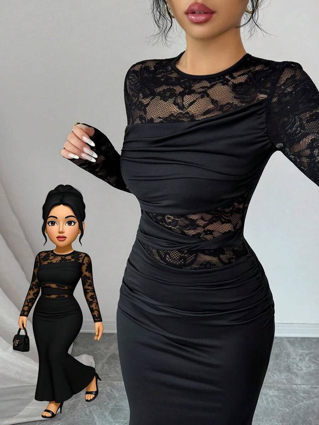 black ruched lace splice milk silk bodycon dress