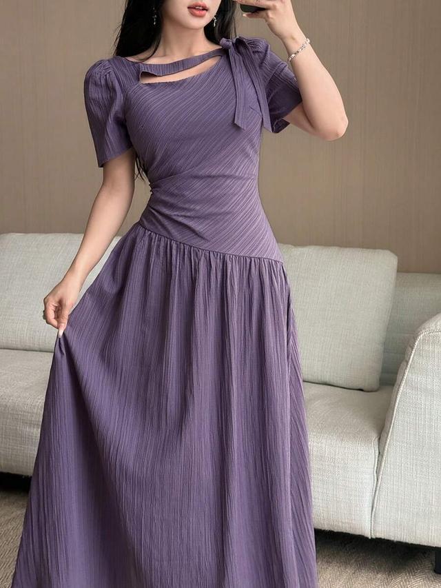 feyla new french hollow neckline lace-up waist gathered dress