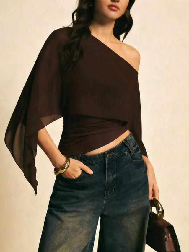 elegant brown chiffon asymmetrical shoulder slim-fit top