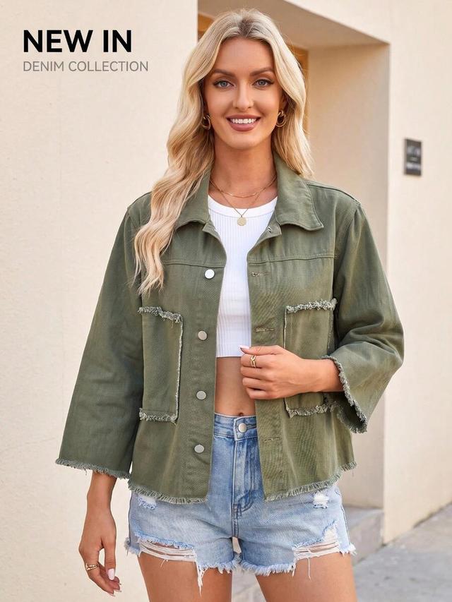 army green frayed trim vertical textured cropped jacket