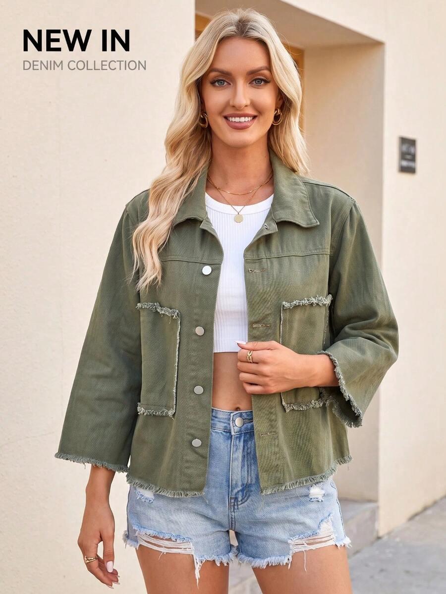 army green frayed trim vertical textured cropped jacket