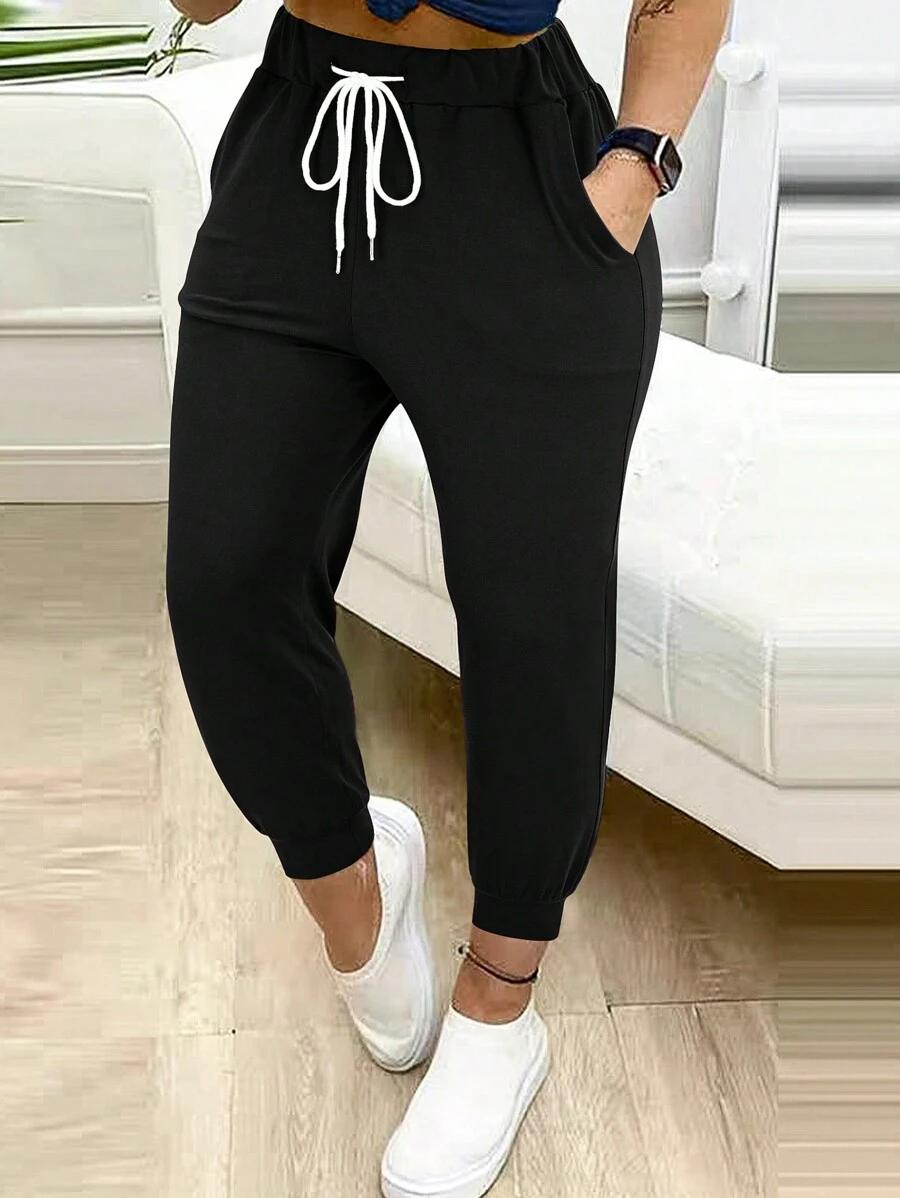 women's solid black drawstring waist casual jogger pants