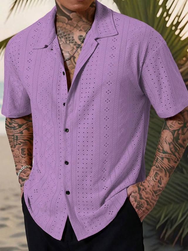 purple geometric crochet textured jacquard short-sleeve shirt