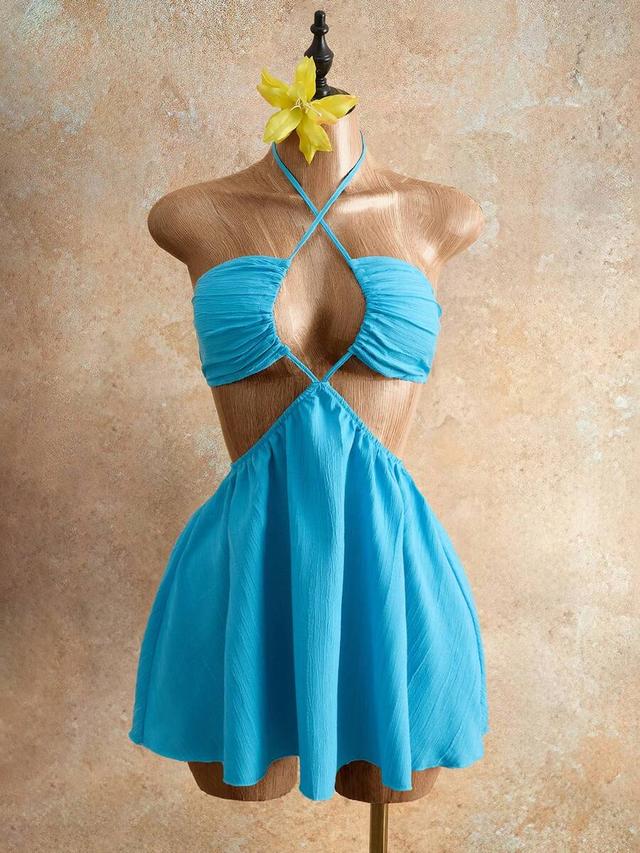 sky blue cross-neckline backless summer mini dress