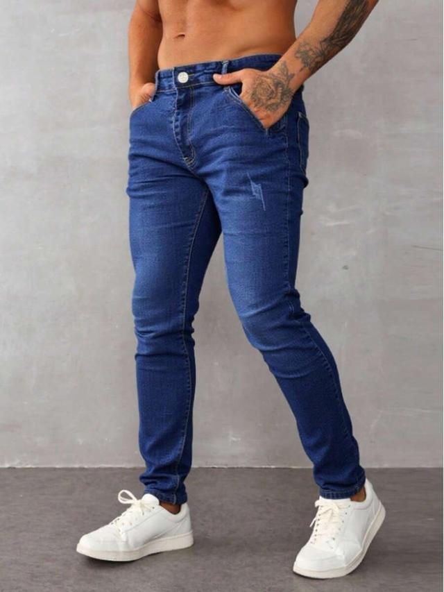 men's high-elasticity slim fit blue denim jeans