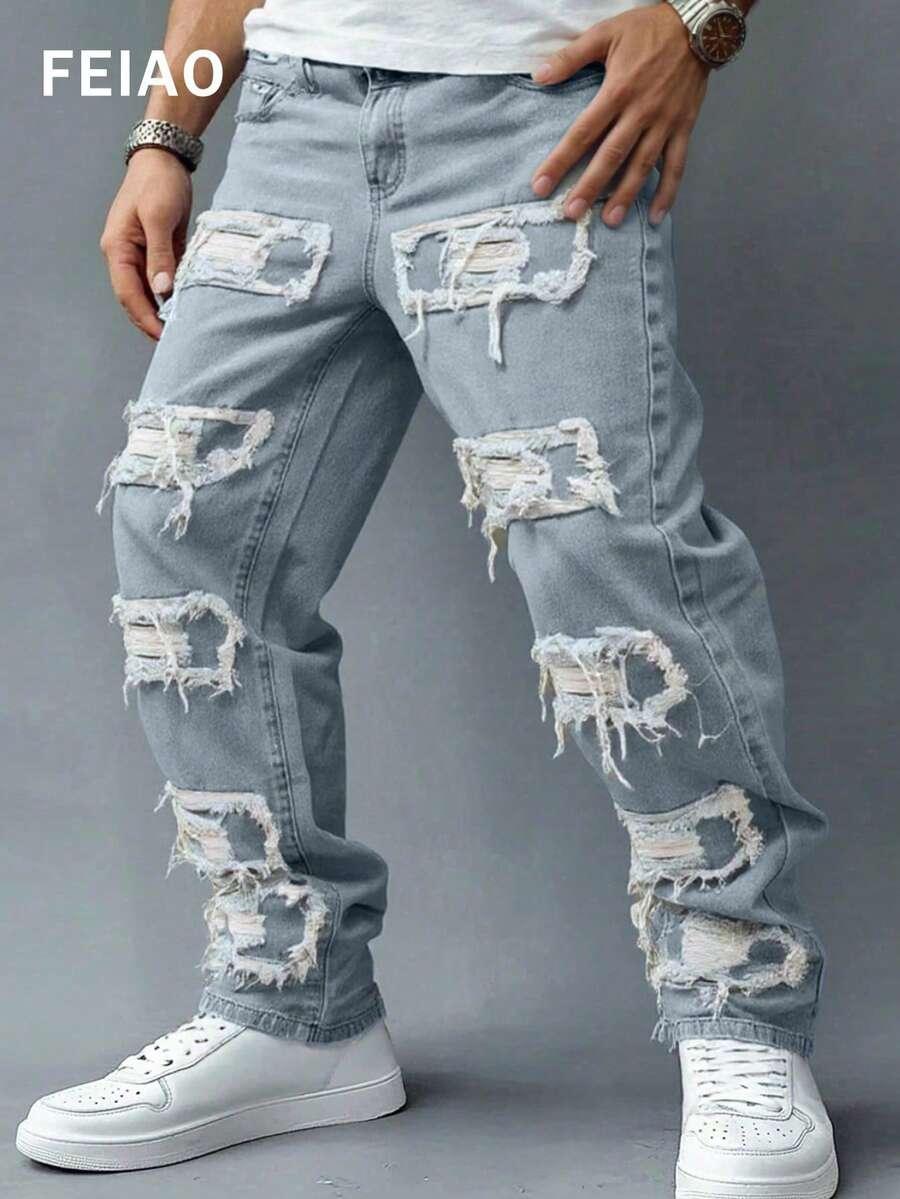 men's light wash distressed slim fit denim jeans