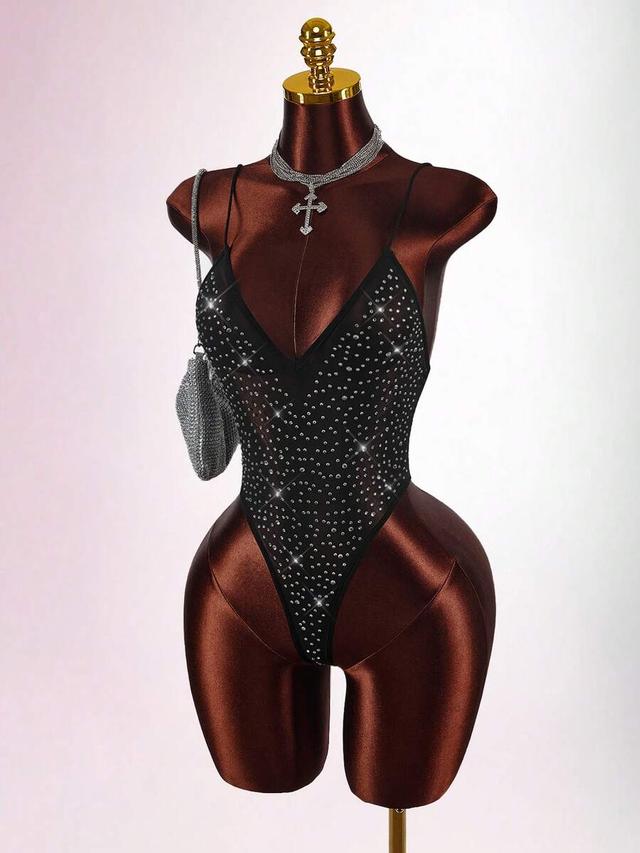 rhinestone glitter sheer backless black bodysuit