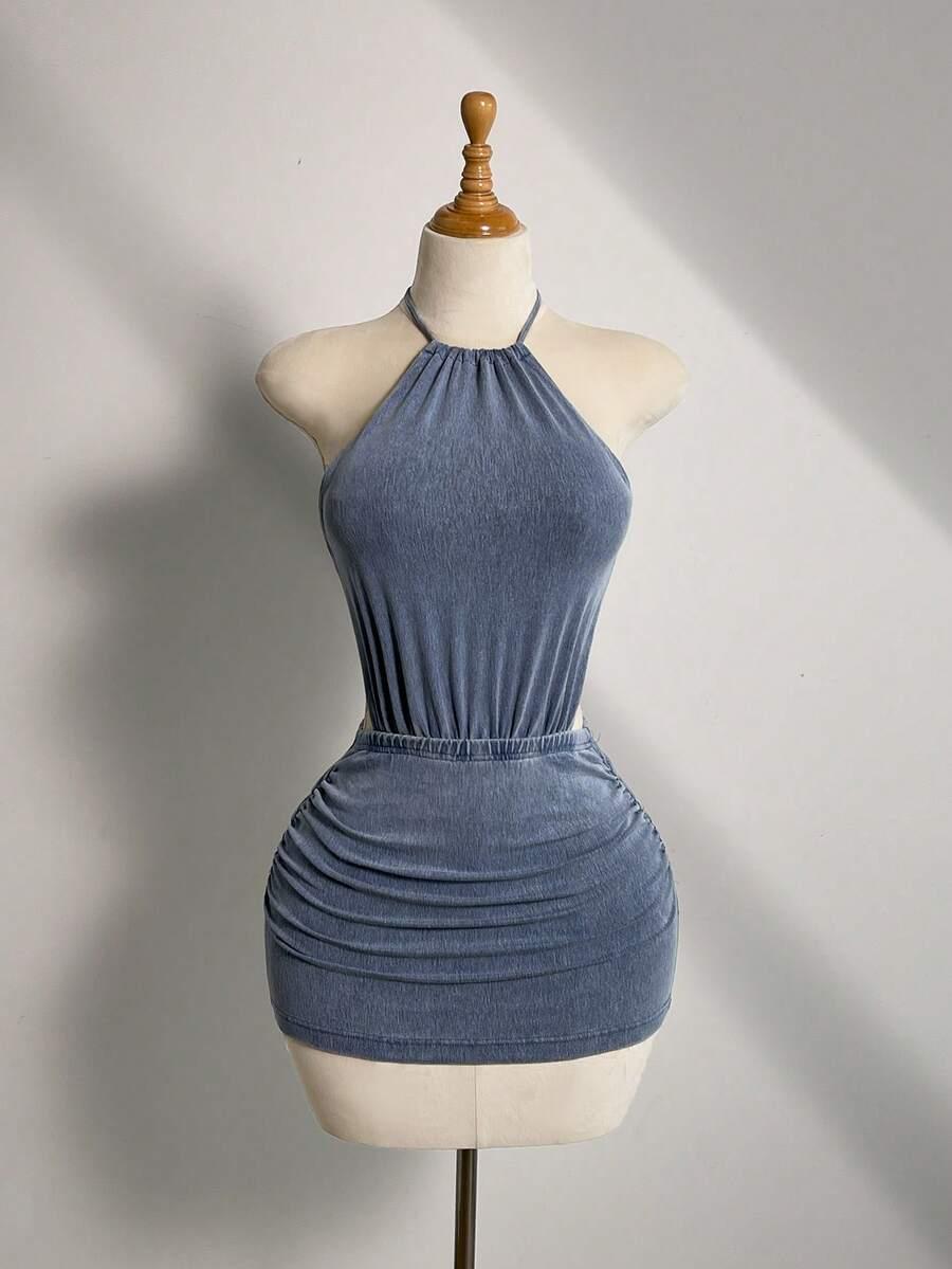 blue acid wash halter neck ruched mini dress